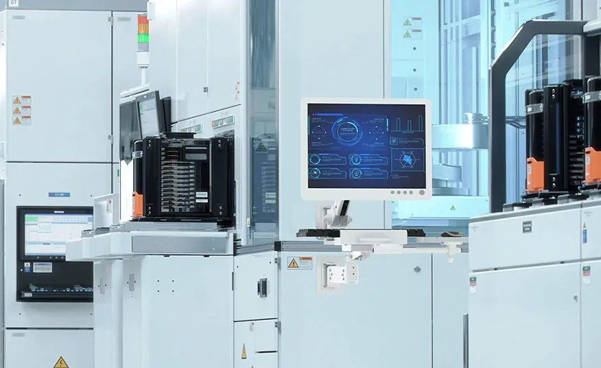 Sallas 60212W adjustable industrial monitor arm mounted beside a production machine in a semiconductor plant